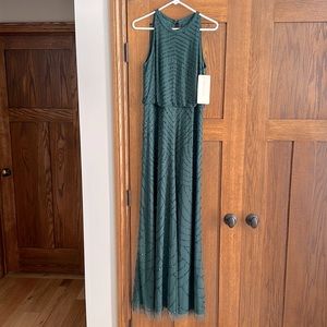 Art Deco Beaded Blouson Dress with Halter Neckline in Dusty Emerald - Size 10